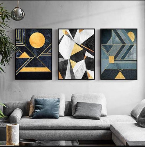 Modern Abstract Wall Art – 3 Wooden Frames (8x11”) with Gold & Black Geometric Designs