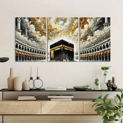Khana e Kaba Wooden Wall Art – 3 Piece Islamic Frame Set Made With Wooden Sticky-tile 8'11 Inches