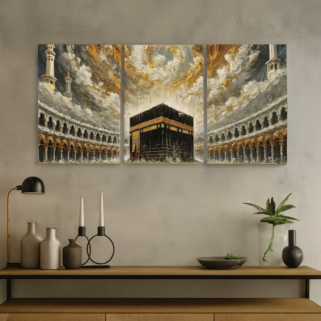 Khana e Kaba Wooden Wall Art – 3 Piece Islamic Frame Set Made With Wooden Sticky-tile 8'11 Inches