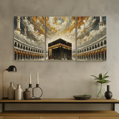 Khana e Kaba Wooden Wall Art – 3 Piece Islamic Frame Set Made With Wooden Sticky-tile 8'11 Inches