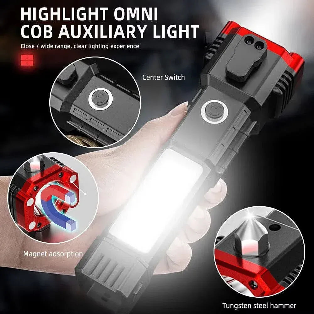 Rechargeable LED Torch – High-Power Flashlight with Hammer & Power Bank (Random Color)