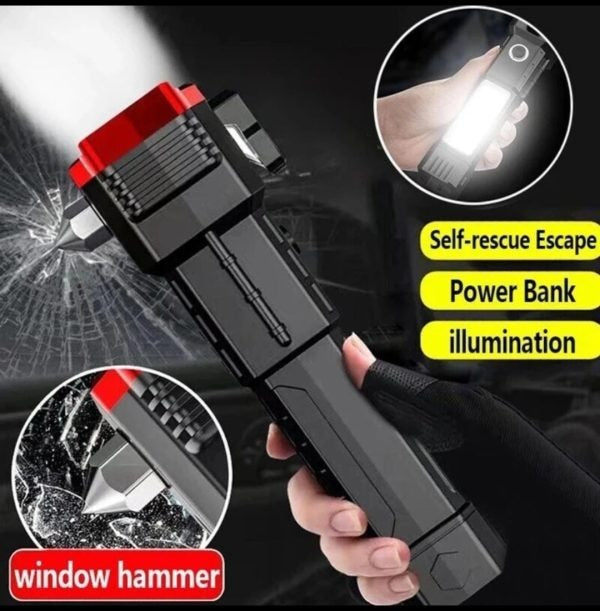 Rechargeable LED Torch – High-Power Flashlight with Hammer & Power Bank (Random Color)